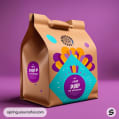 Colorful brown carton with vibrant patterns and a handle against a purple backdrop.