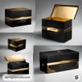 Black and gold luxury gift boxes with intricate details.