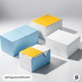 Set of pastel blue and white boxes with abstract design, featuring one yellow lid box, on a light gray surface.