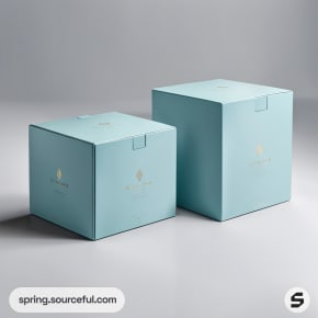 Two teal square cartons with gold accents on a gray background.