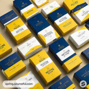 Colorful arrangement of blue and yellow labeled boxes.