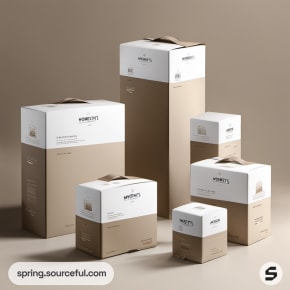 Varied beige boxes with handle tops and minimal labeling.