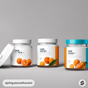 Three jars with apricot design on grey.