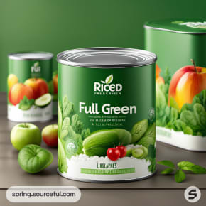 Green tins with assorted fruits and vegetables