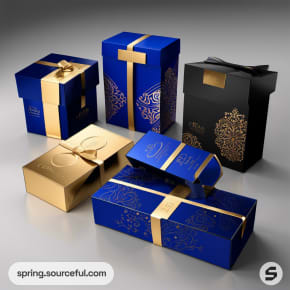 Assorted luxury gift boxes in gold and blue with ribbon, featuring intricate designs.