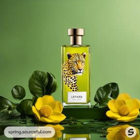 Perfume bottle with leopard design on green background, surrounded by yellow flowers and leaves.