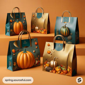 Autumn-themed paper bags with pumpkin designs, featuring orange pumpkins and handles against a warm brown backdrop.