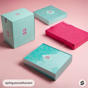 Flat and square boxes in pink and teal with subtle patterns on a pink surface.