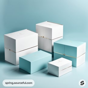 White and teal cube-shaped boxes with minimal design on a light blue background.