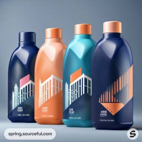 Four bottles with geometric designs in blue, orange, and teal tones on a light blue background.