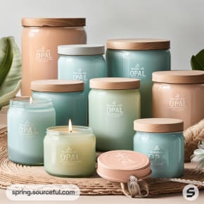 Assorted pastel candles in glass jars with wooden lids.