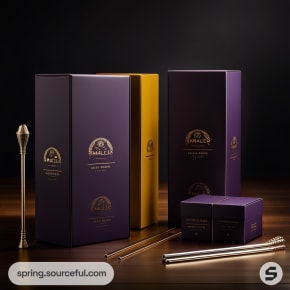 Black background with tall purple and yellow boxes, featuring silver metal straws.