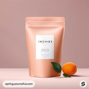 Peach pouch with apricot and leaf accent on a soft background.