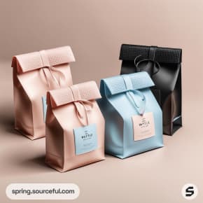 Matte paper bags in pink, blue, and black with textured fold-over tops on a neutral background.