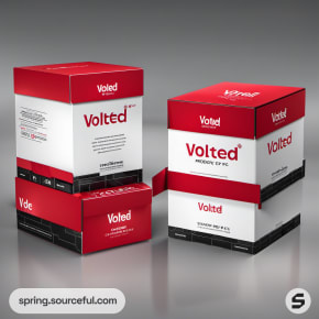 Stacked white and red Volted PC boxes with bold text.