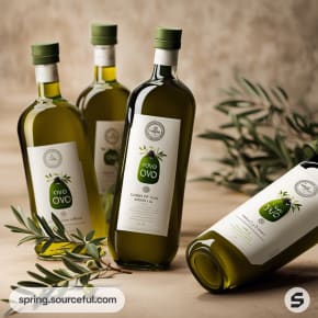 Four olive oil bottles with white labels on wood surface.