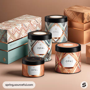 Assorted cylindrical candle containers with geometric patterns, set against decorative boxes on a beige background.