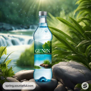 Clear water bottle with lush waterfall backdrop.