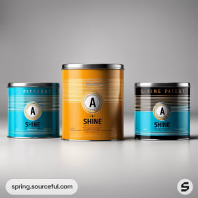 Three cylindrical tins labeled 'SHINE' in blue and orange with bold graphics and clean text.