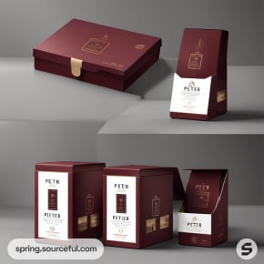 Burgundy and black packaging with 'Peter' branding, luxury aesthetic.