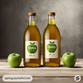 Two apple juice bottles with green apples on a neutral background.