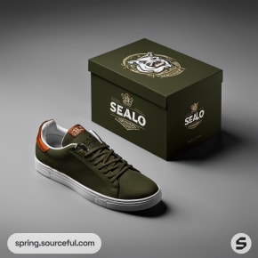 Olive sneakers with white soles and green box