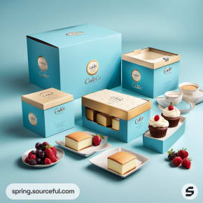 Blue cake boxes with desserts, featuring elegant food presentation.