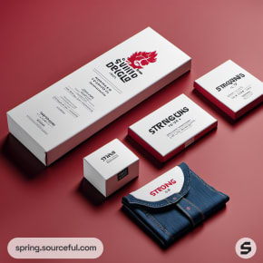 White and red packaging with folded blue denim on red background.