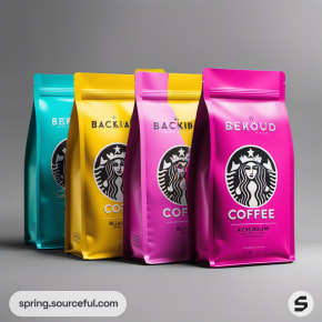 Brightly colored coffee bags with a central circular design.