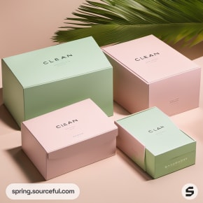 Pink and green 'Clean' boxes with leafy decor under soft light.