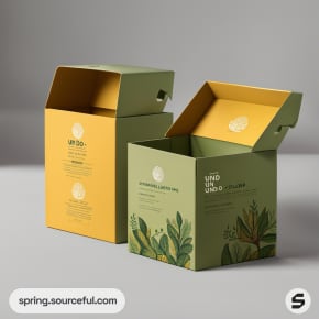 Open green and yellow boxes with leafy designs on grey background.