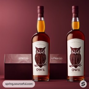 Two whiskey bottles labeled 'Owl' on a burgundy backdrop.