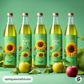 Five glass bottles with sunflower labels and apples, on a green background.