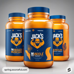 Three large orange jars of muscle supplements with bold blue labels and illustrations.