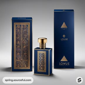 Gold-accented blue bottle set with elaborate decorative box.