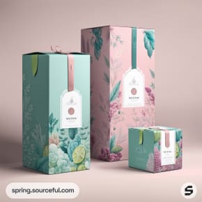 Tall green and pink floral patterned boxes with matching tags, featuring leaf and flower designs, on a neutral background.