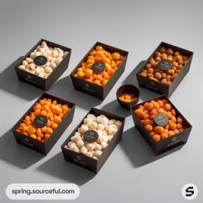 Six black boxes filled with white and orange cheese balls.