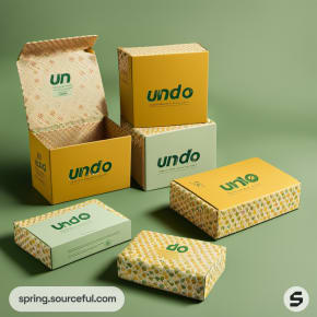 Assorted yellow and green mailer boxes on a green background.