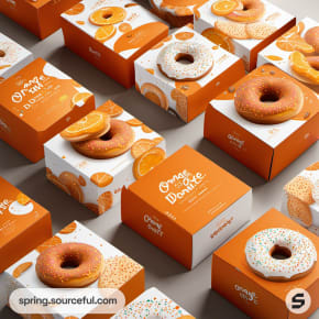 Pattern of orange donut boxes with sprinkled doughnuts