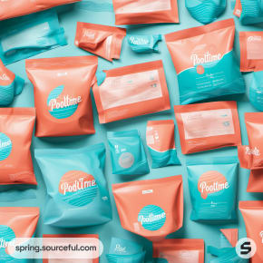 Assorted aqua and salmon packaging with 'Pooltime' text.