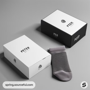 Black and white sock packaging with a pair of striped socks.