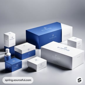 Blue and white skincare product boxes displayed