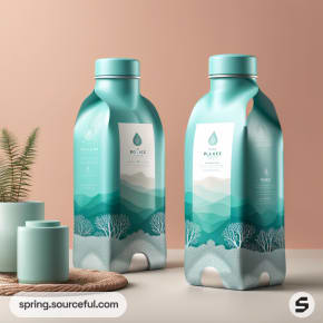 Teal and white milk cartons with landscape design on a neutral background with small plants.