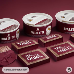 Round burgundy boxes and bars with owl theme.