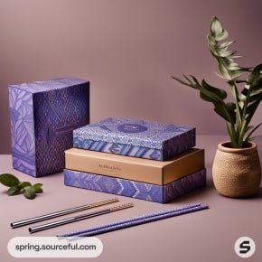 Stacked decorative boxes with intricate purple patterns beside a beige vase with green leaves and metal straws.