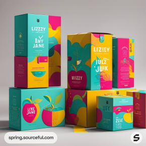 Vibrant packaging with teal, pink, and yellow designs and apple motifs.