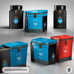 Black and red square containers with matching boxes featuring elegant patterns and blue accents.