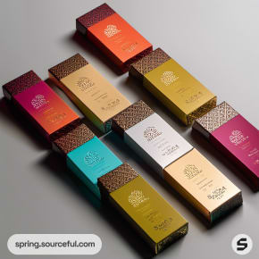 Assorted boxed chocolates in vibrant shades with patterned tops.