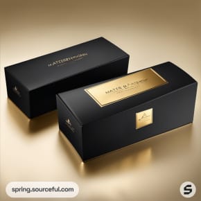 Black carton boxes with gold labels.