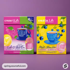 Two creative tea boxes with artistic blue and pink designs on a purple background.
